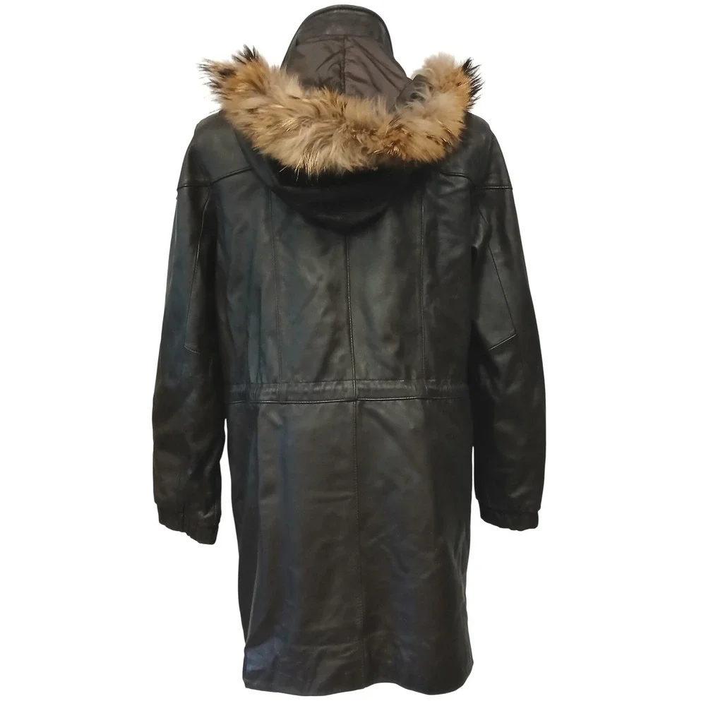 JLC‎ New York Womens Genuine Leather Parka Coat Fur Hood Zip Up Pockets Size M